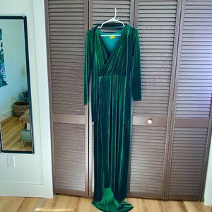 Bridesmaid Emerald Dark Green Velvet Maxi Wrap Dress High Slit Long Sleeved Gown